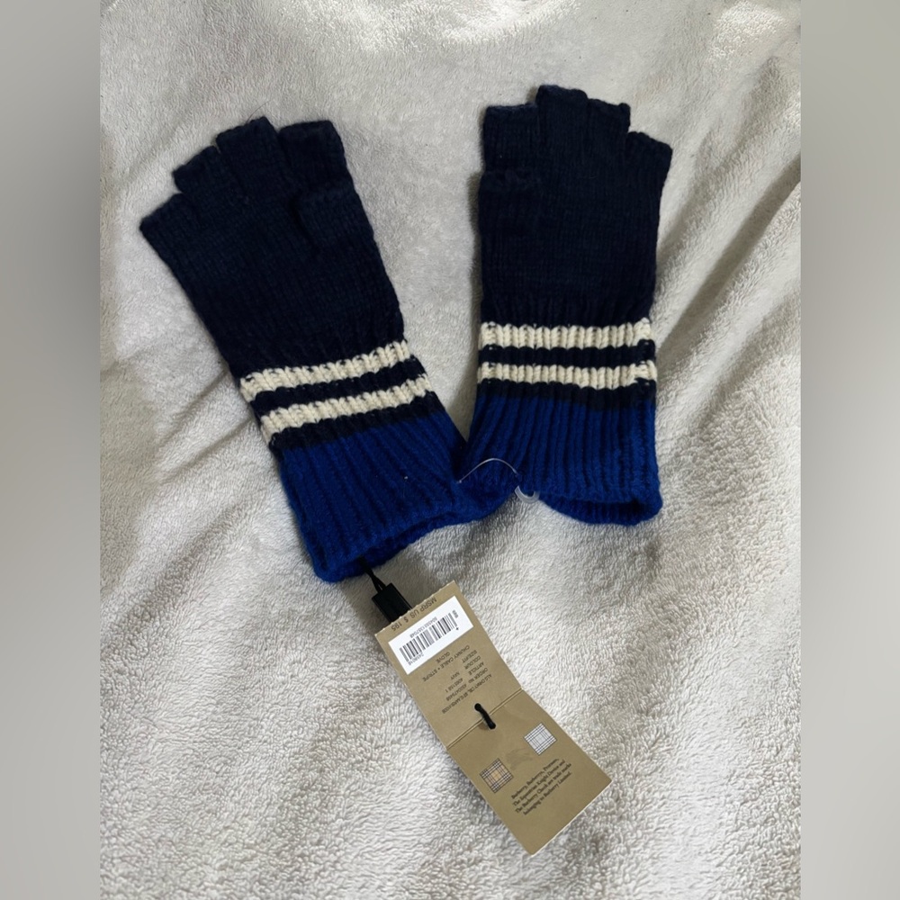 Burberry Blue Striped Cable Knit Cashmere Fingerless Gloves